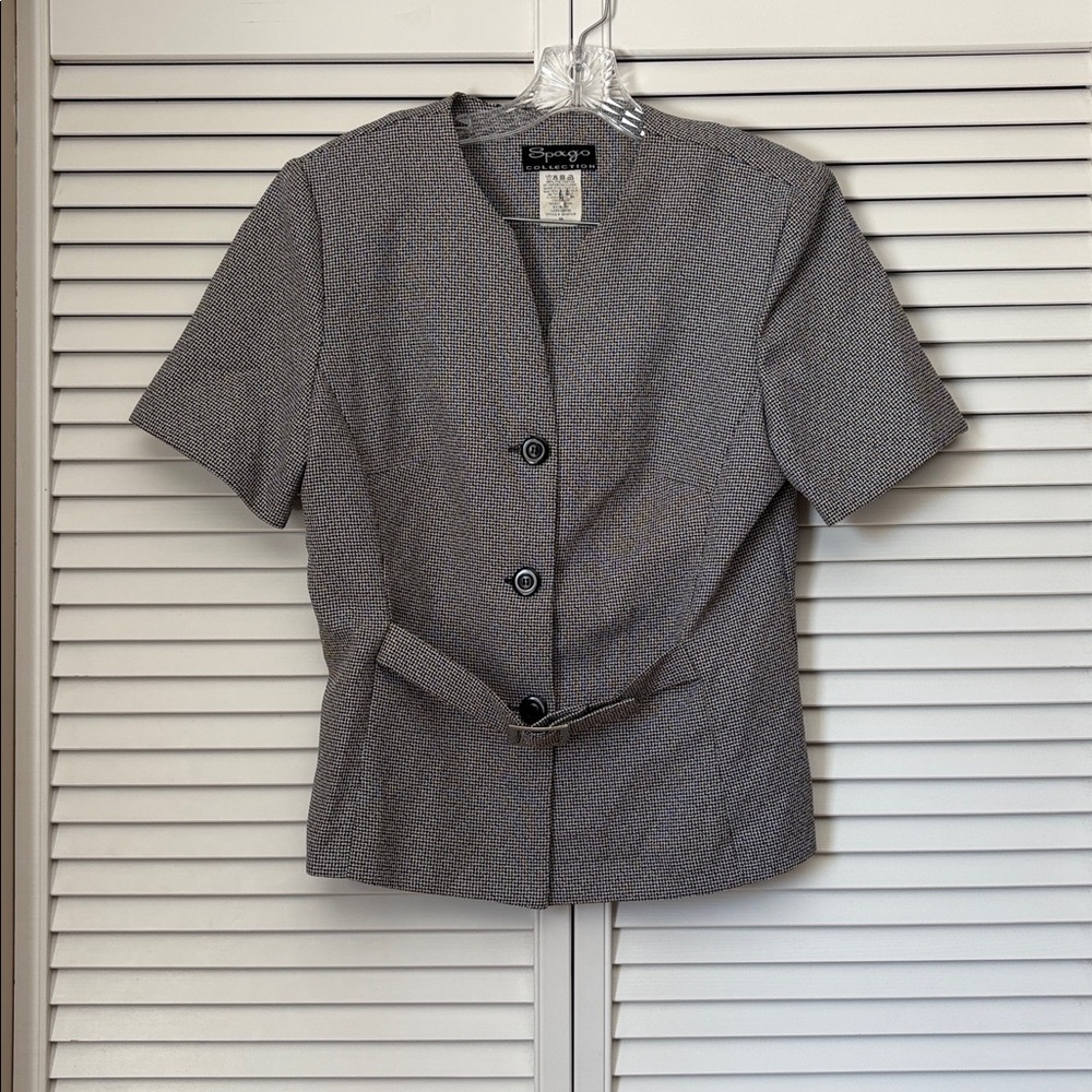 Vintage Spago Collection Black White 80s Short Sleeve Blouse Houndstooth EUC Top